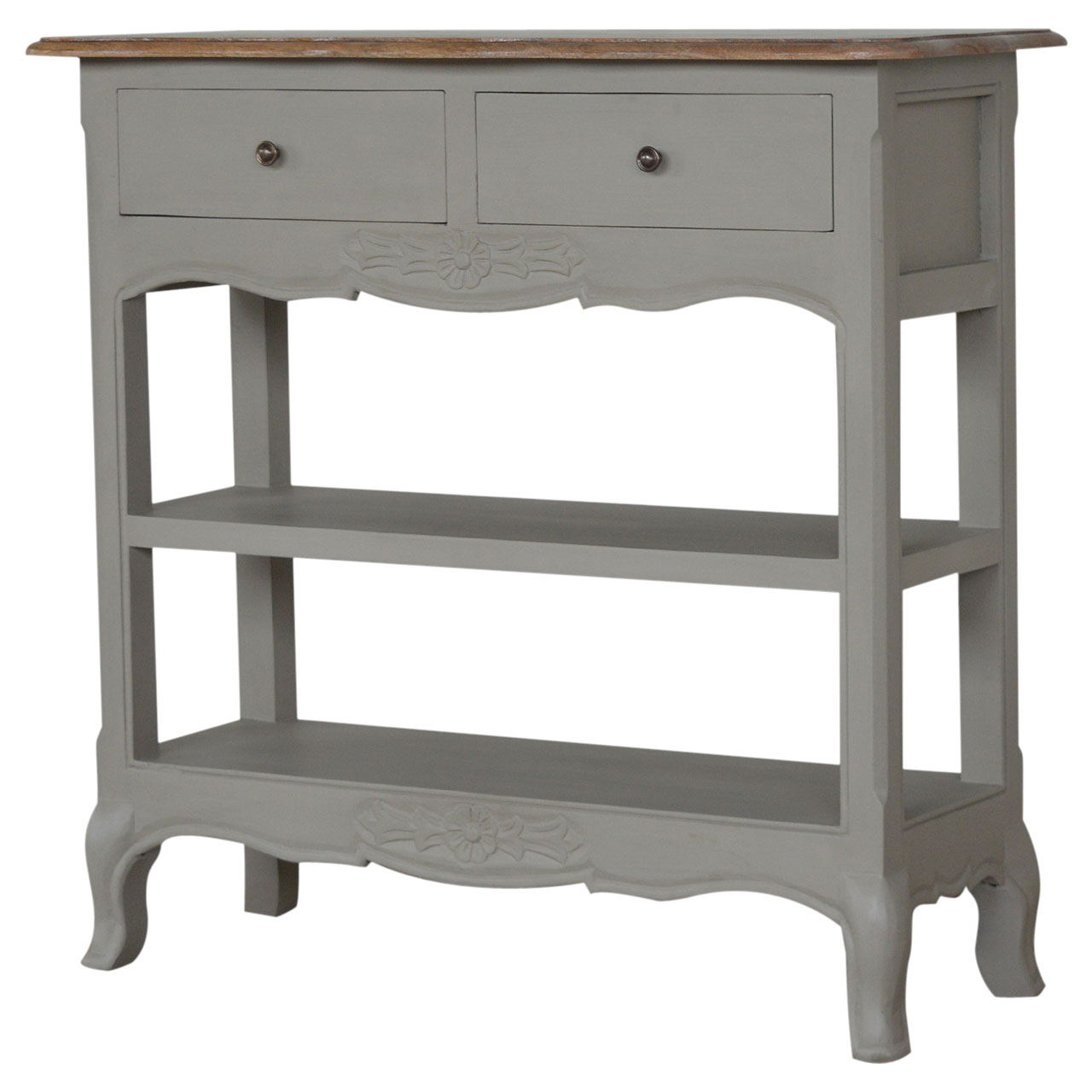 Solid Mango Wood Oak & Hand Painted Grey 2 Drawer French Style Console Table - Image 2