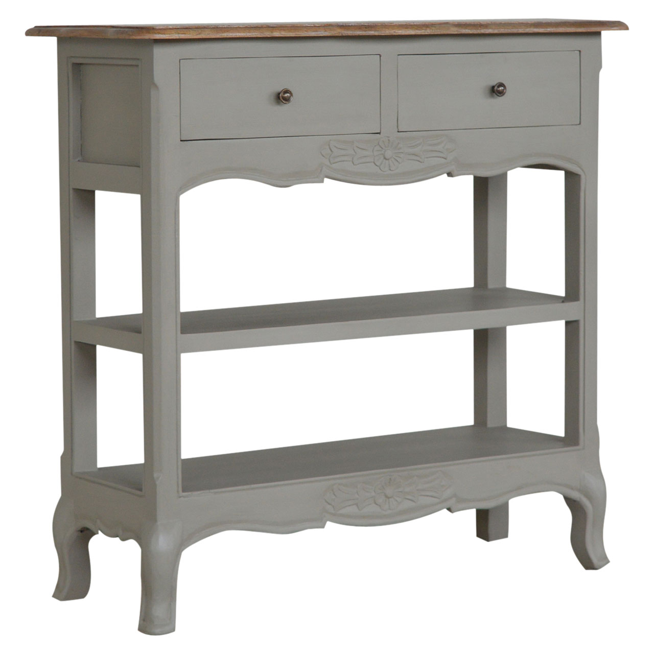 Solid Mango Wood Oak & Hand Painted Grey 2 Drawer French Style Console Table - Image 3