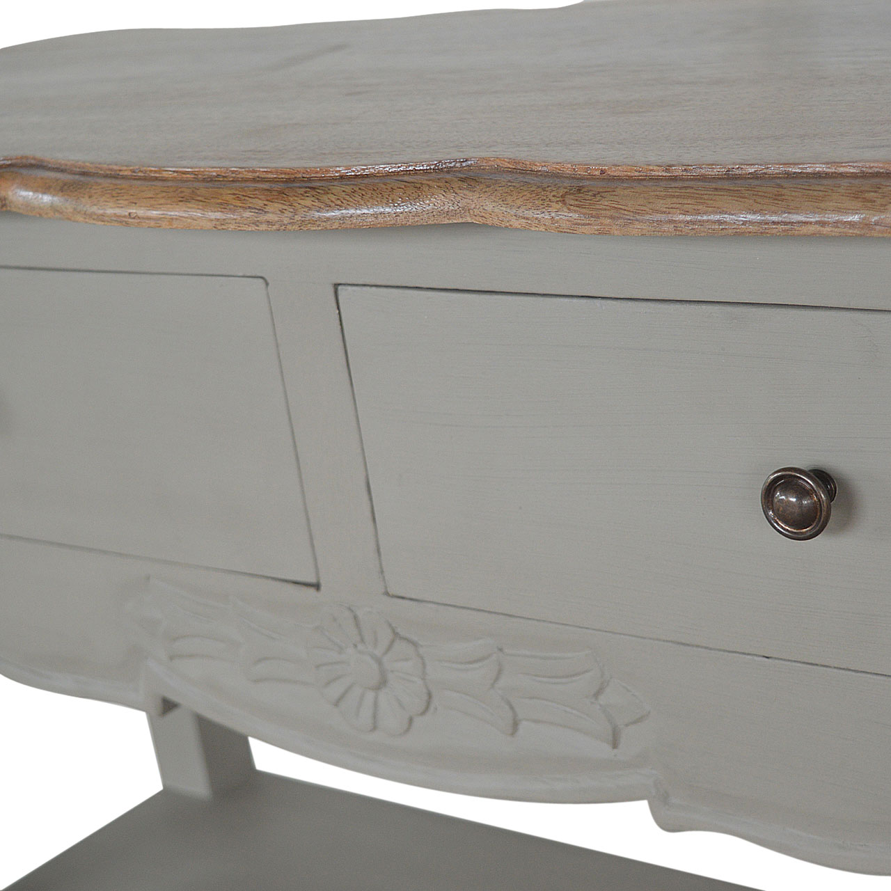 Solid Mango Wood Oak & Hand Painted Grey 2 Drawer French Style Console Table - Image 7