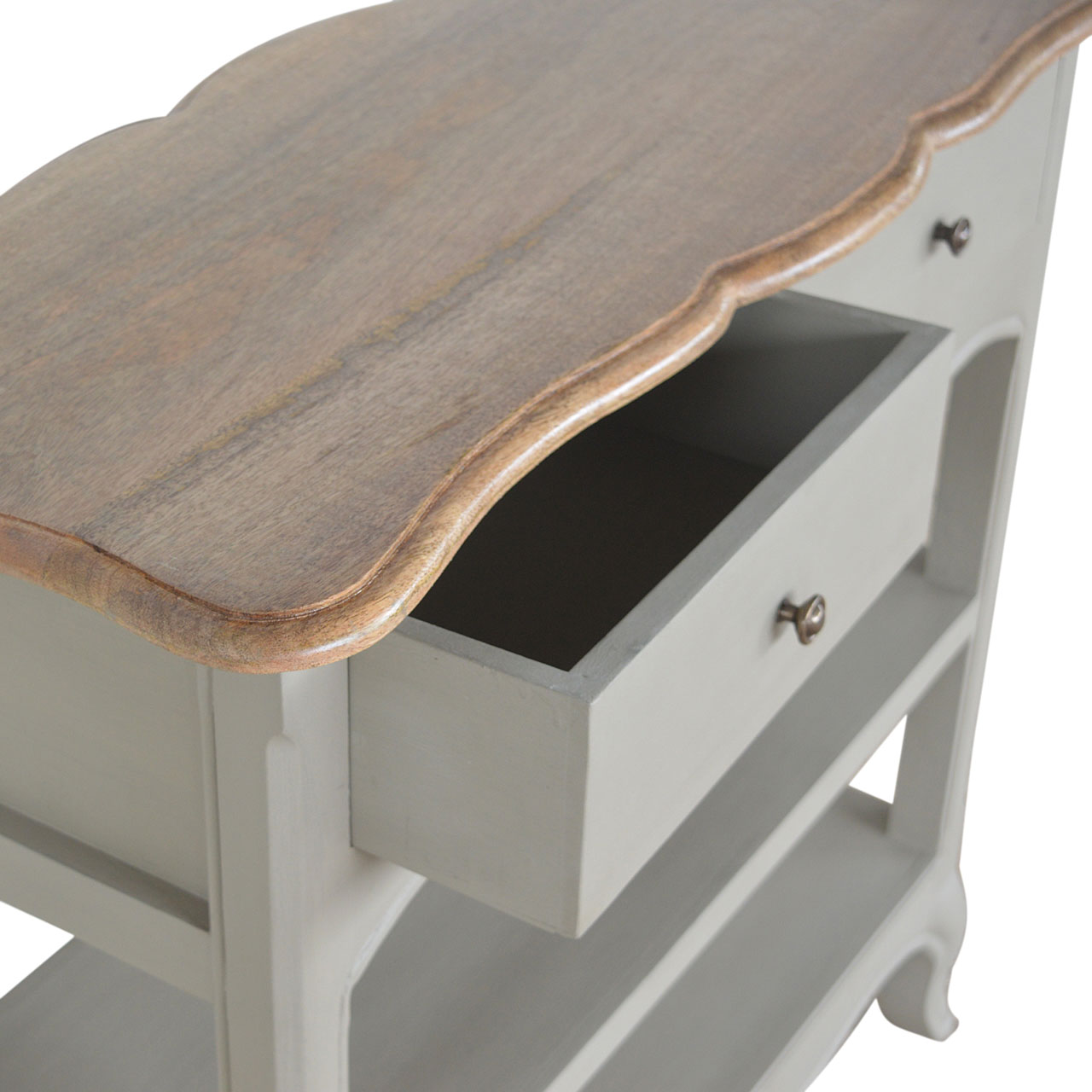 Solid Mango Wood Oak & Hand Painted Grey 2 Drawer French Style Console Table - Image 8