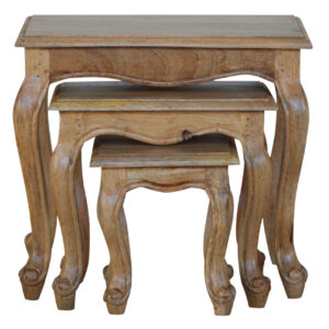 Solid Mango Wood Oak Finished French Style Set of 3 Nest of Stools