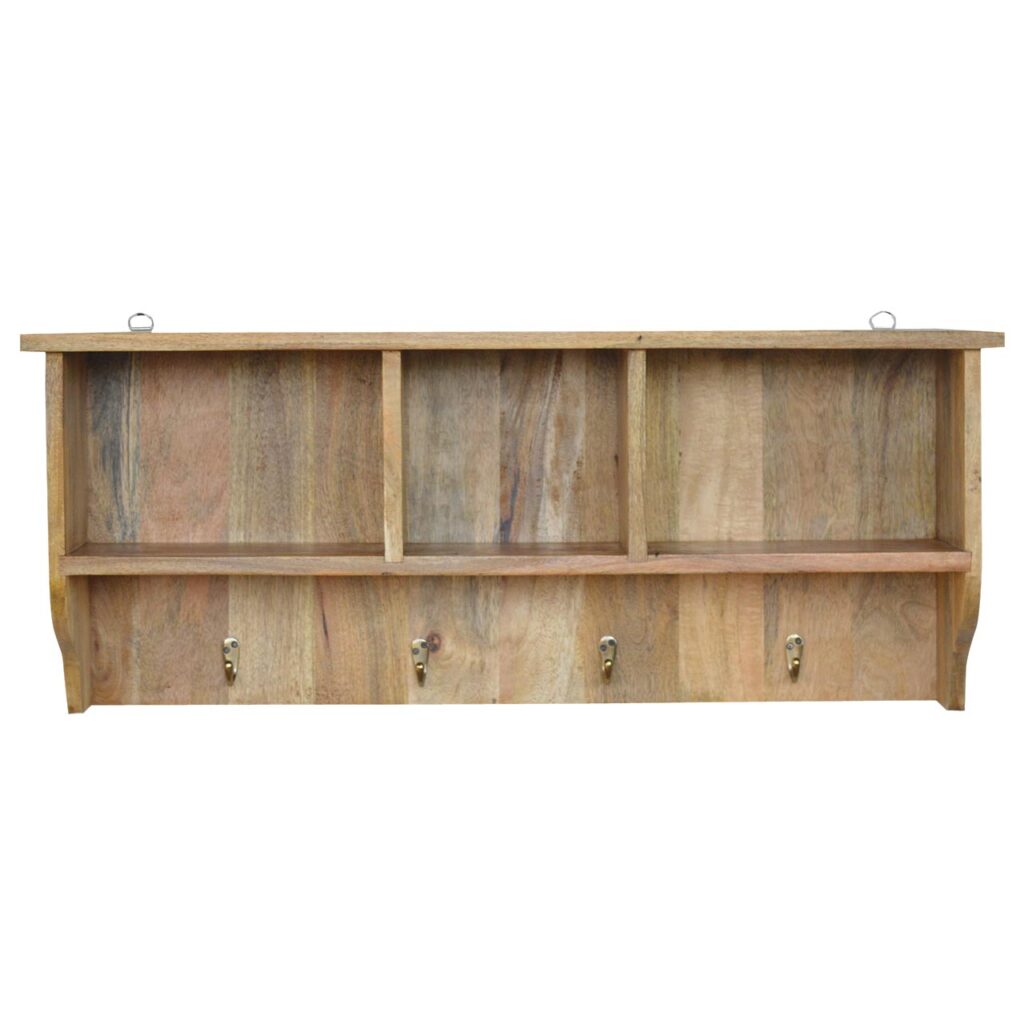 Solid Mango Wood Oak Finished Floating Coat Rack with 3 Alcoves