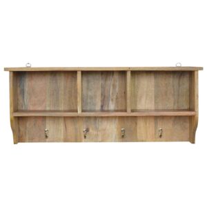 Solid Mango Wood Oak Finished Floating Coat Rack with 3 Alcoves