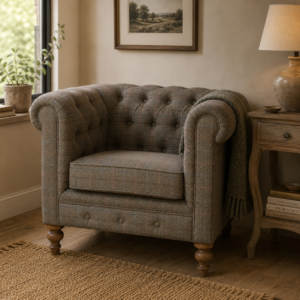 Solid Mango Wood Single Seater Chesterfield Multi Tweed Arm Chair