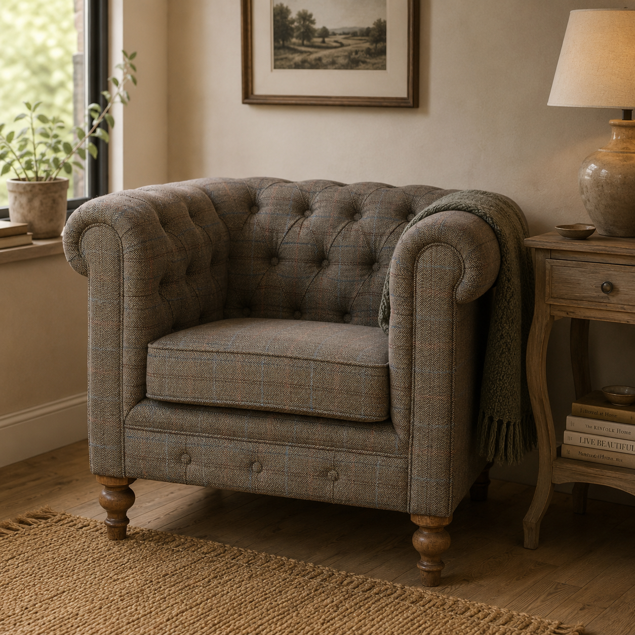 Solid Mango Wood Single Seater Chesterfield Multi Tweed Arm Chair