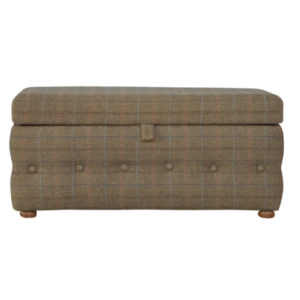 Solid Mango Wood Bleached Feet Upholstered Multi Tweed Button Fooststool