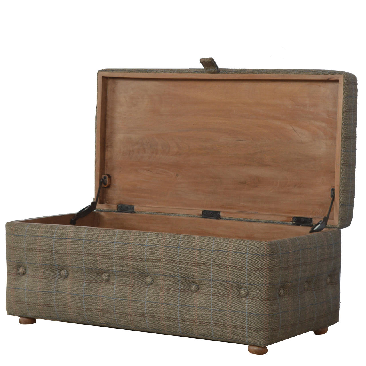 Solid Mango Wood Bleached Feet Upholstered Multi Tweed Button Fooststool - Image 3