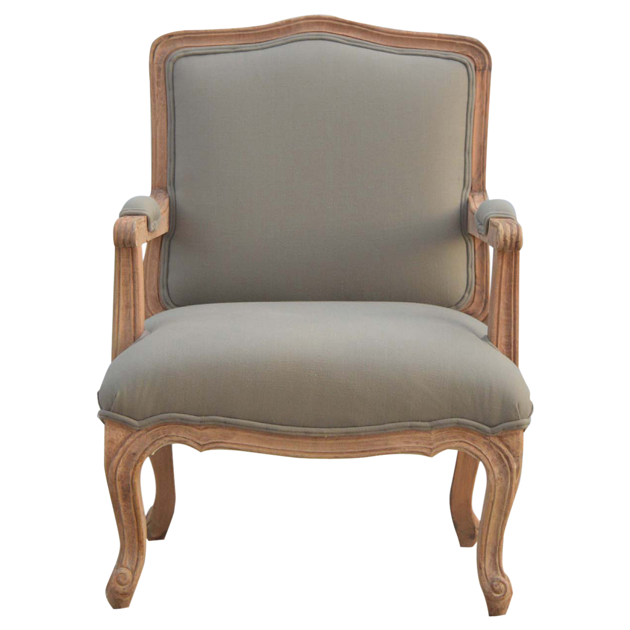 Solid Mango Wood Sun Bleached Finished French Style Upholstered Armchair