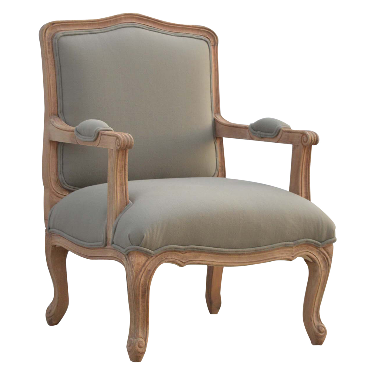 Solid Mango Wood Sun Bleached Finished French Style Upholstered Armchair - Image 2