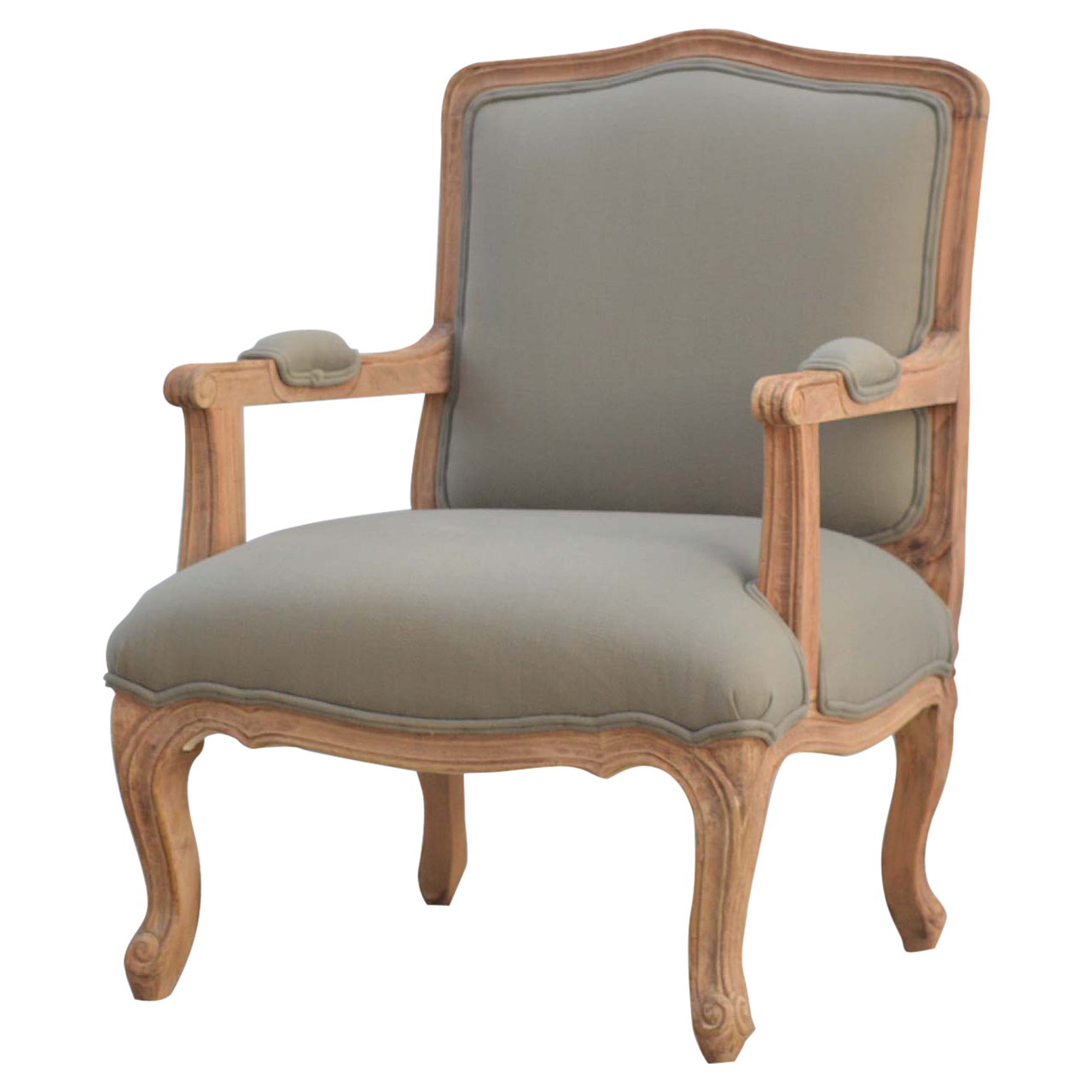 Solid Mango Wood Sun Bleached Finished French Style Upholstered Armchair - Image 3