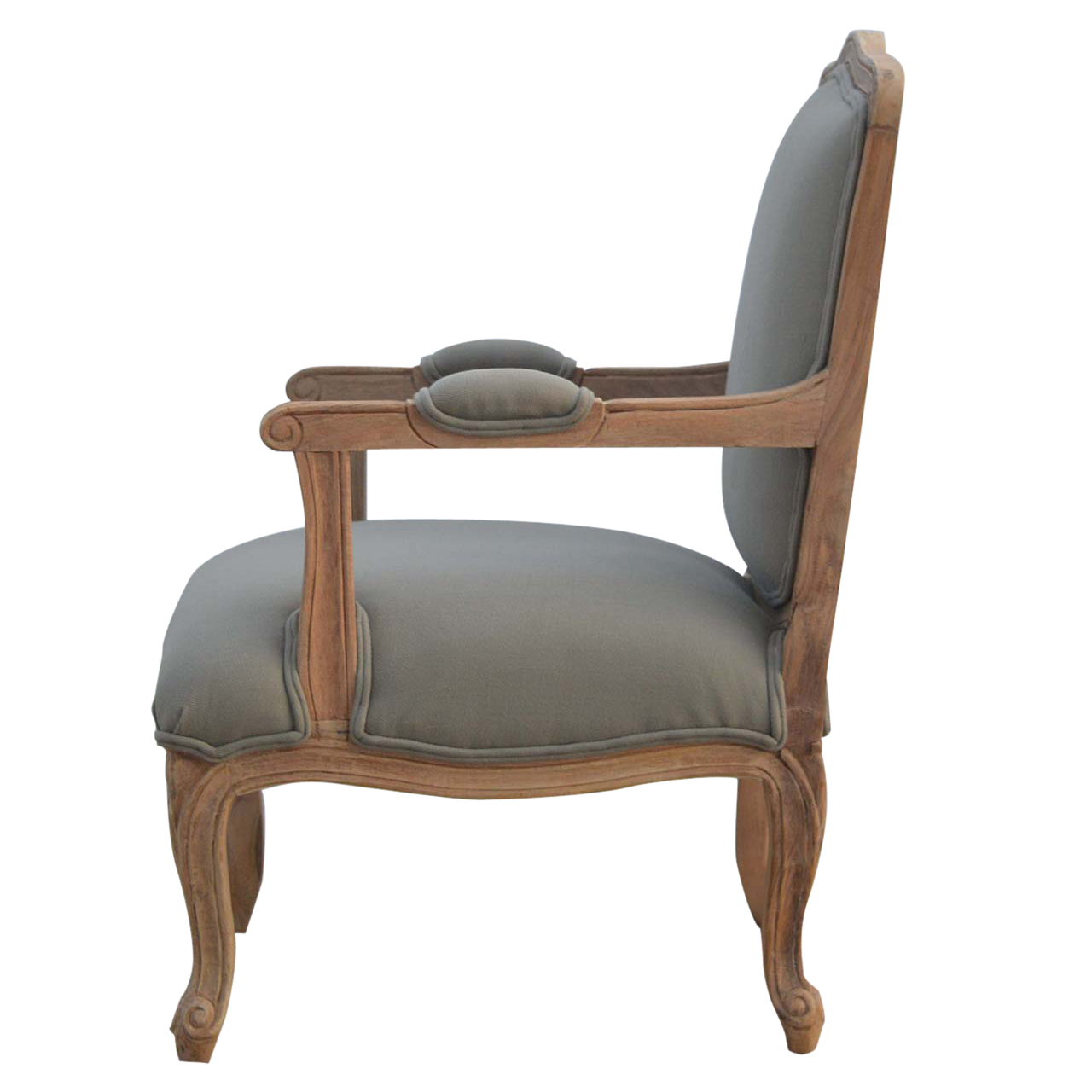 Solid Mango Wood Sun Bleached Finished French Style Upholstered Armchair - Image 8