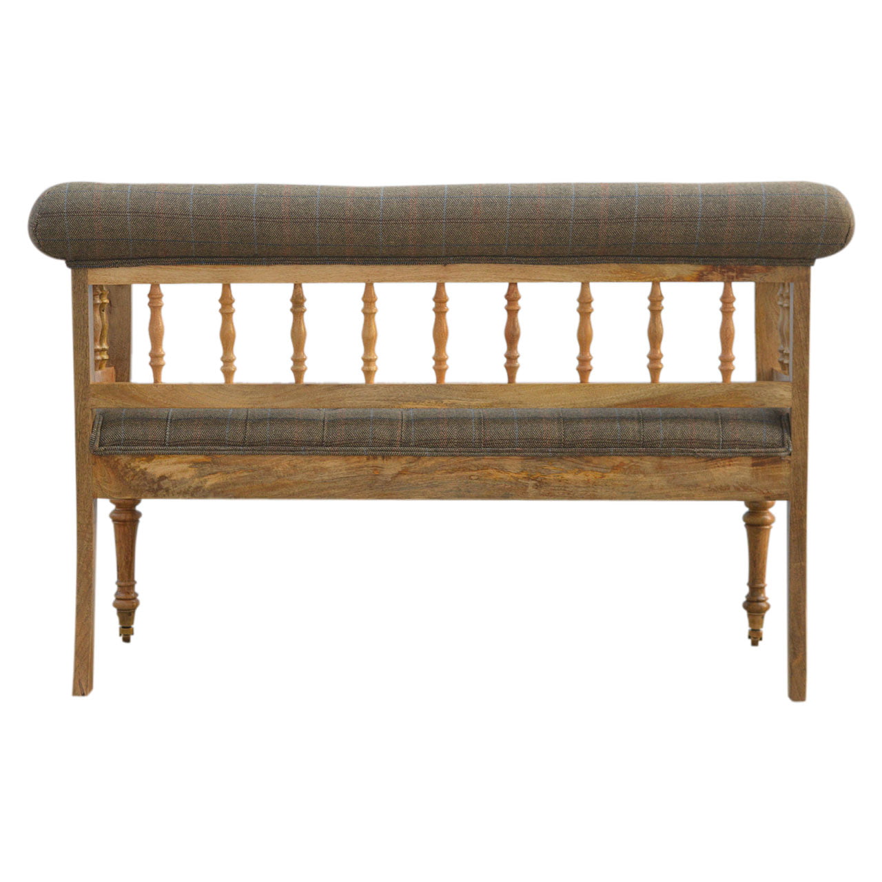 Solid Mango Wood French Style Carved Upholstered Check Tweed Bench - Image 10