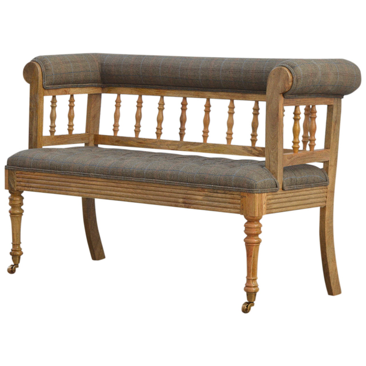 Solid Mango Wood French Style Carved Upholstered Check Tweed Bench - Image 11