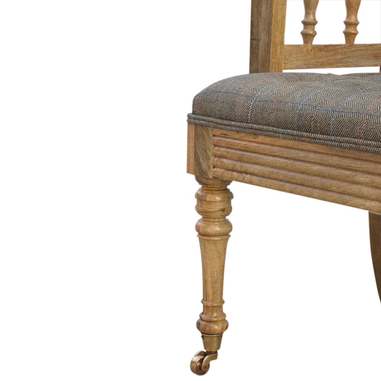 Solid Mango Wood French Style Carved Upholstered Check Tweed Bench - Image 3