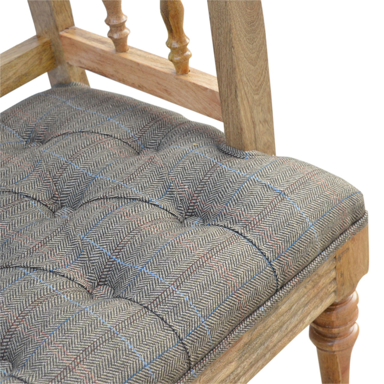 Solid Mango Wood French Style Carved Upholstered Check Tweed Bench - Image 4