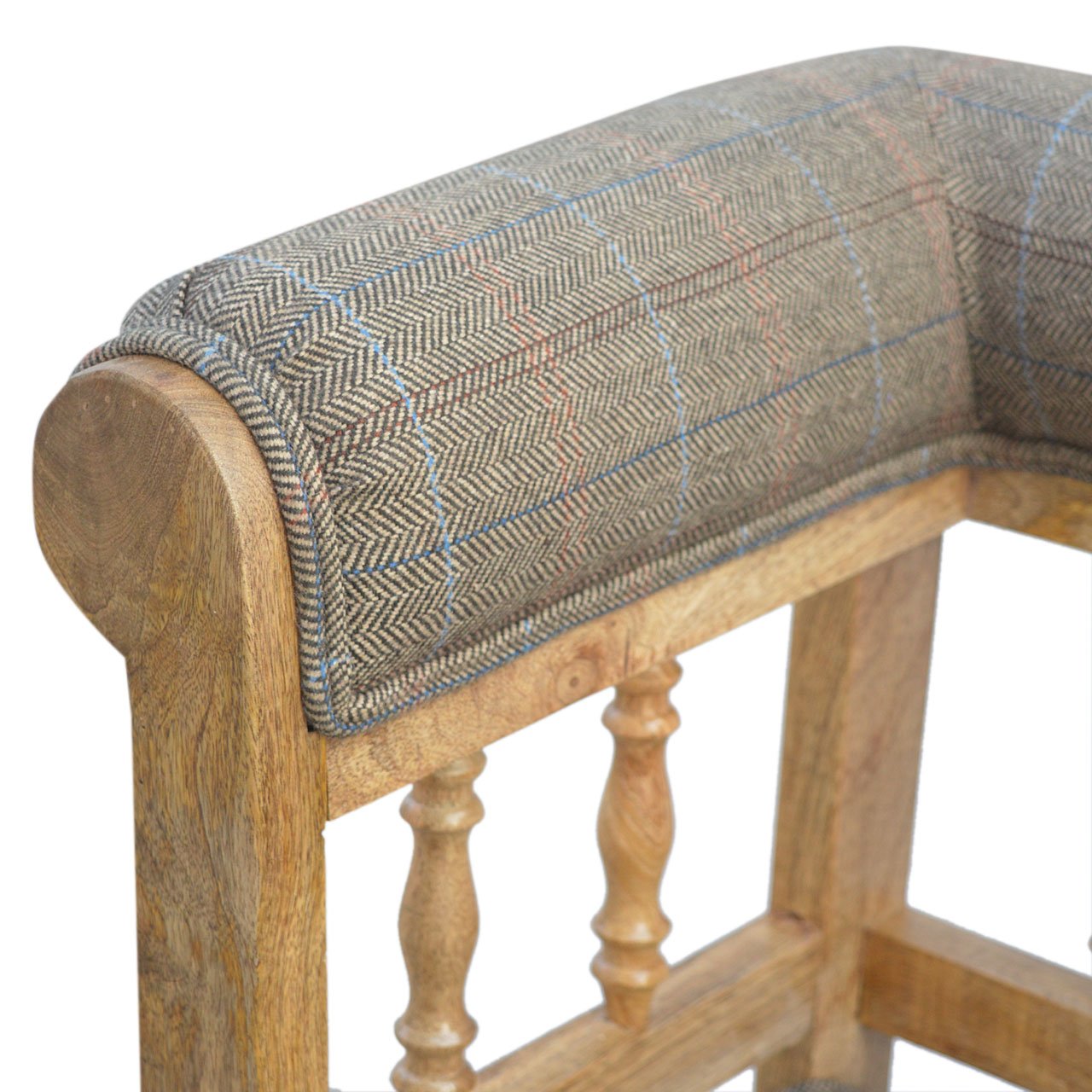 Solid Mango Wood French Style Carved Upholstered Check Tweed Bench - Image 7