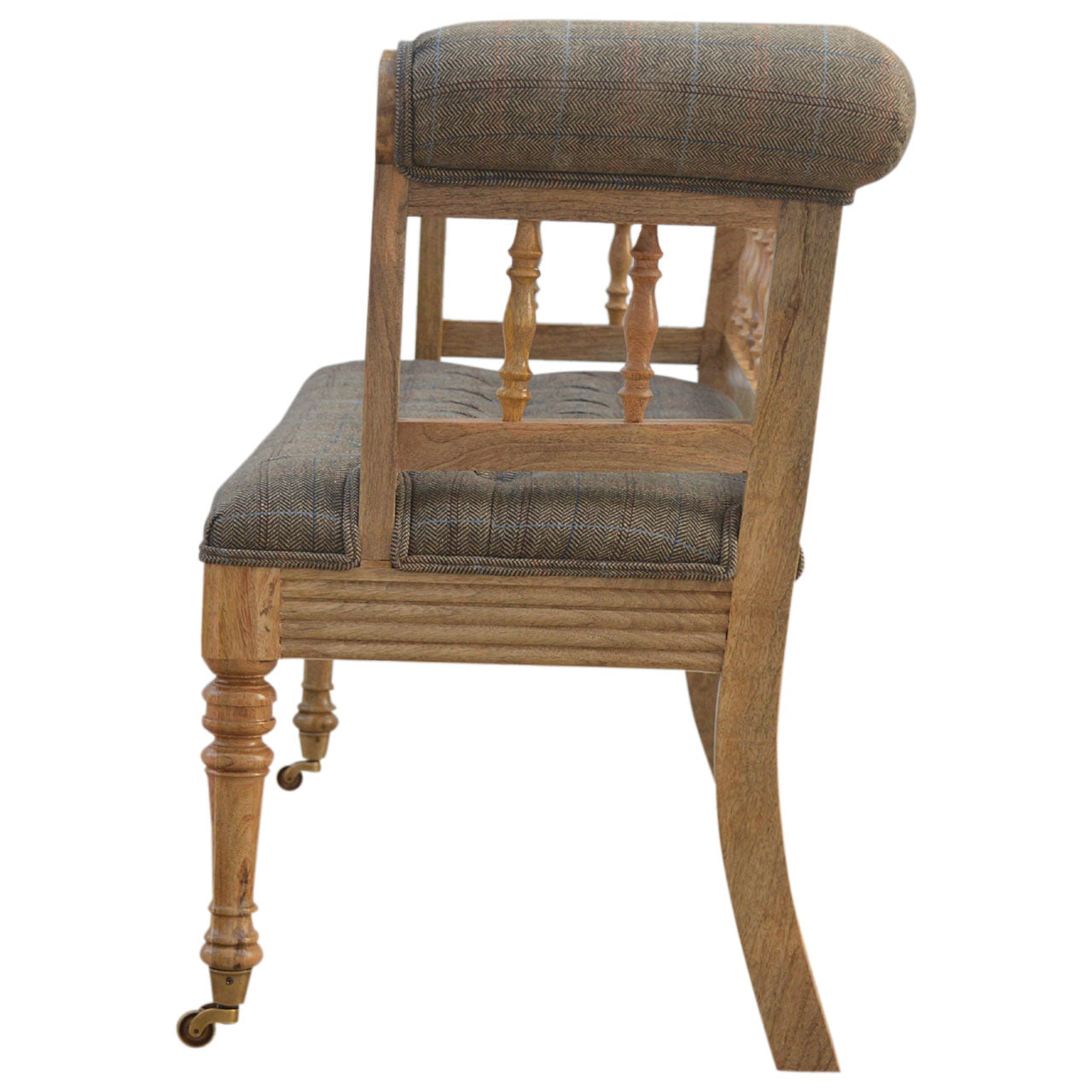 Solid Mango Wood French Style Carved Upholstered Check Tweed Bench - Image 8