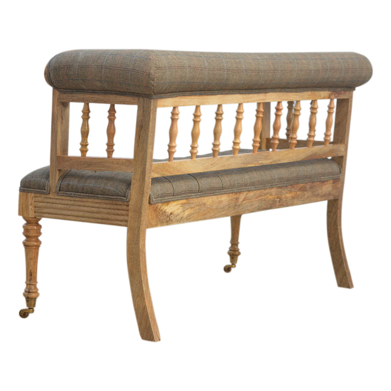 Solid Mango Wood French Style Carved Upholstered Check Tweed Bench - Image 9