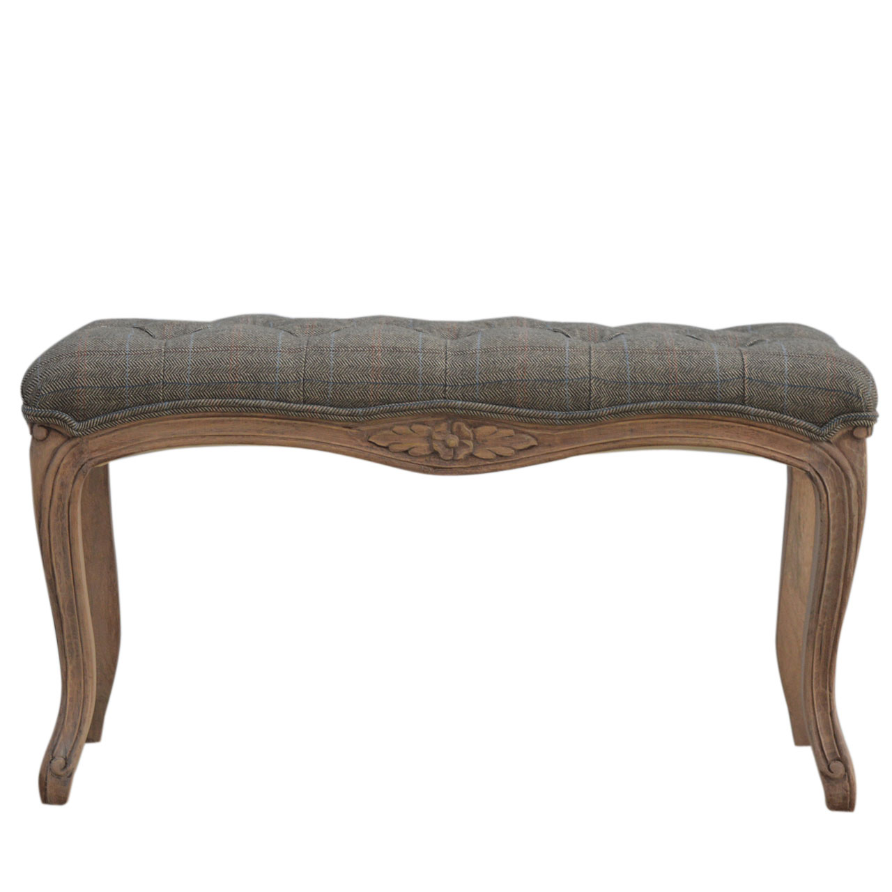 Solid Mango Wood Bleached Finished Multi Tweed Upholstered Carved Bedroom Bench