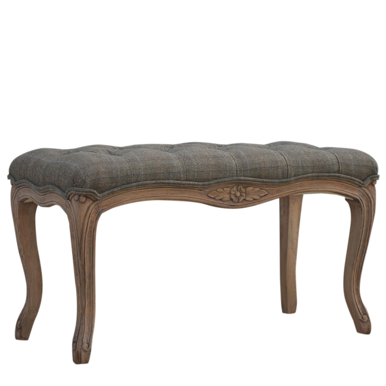 Solid Mango Wood Bleached Finished Multi Tweed Upholstered Carved Bedroom Bench - Image 2