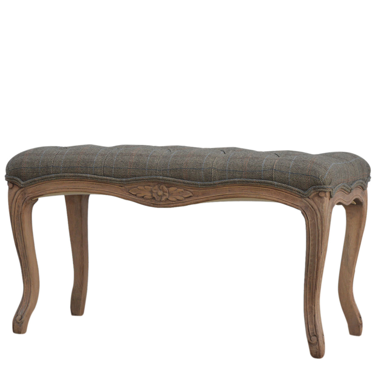 Solid Mango Wood Bleached Finished Multi Tweed Upholstered Carved Bedroom Bench - Image 3
