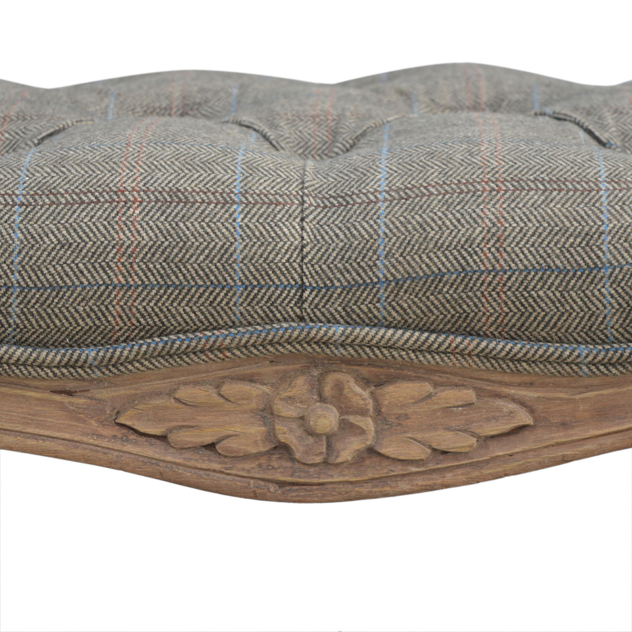 Solid Mango Wood Bleached Finished Multi Tweed Upholstered Carved Bedroom Bench - Image 4