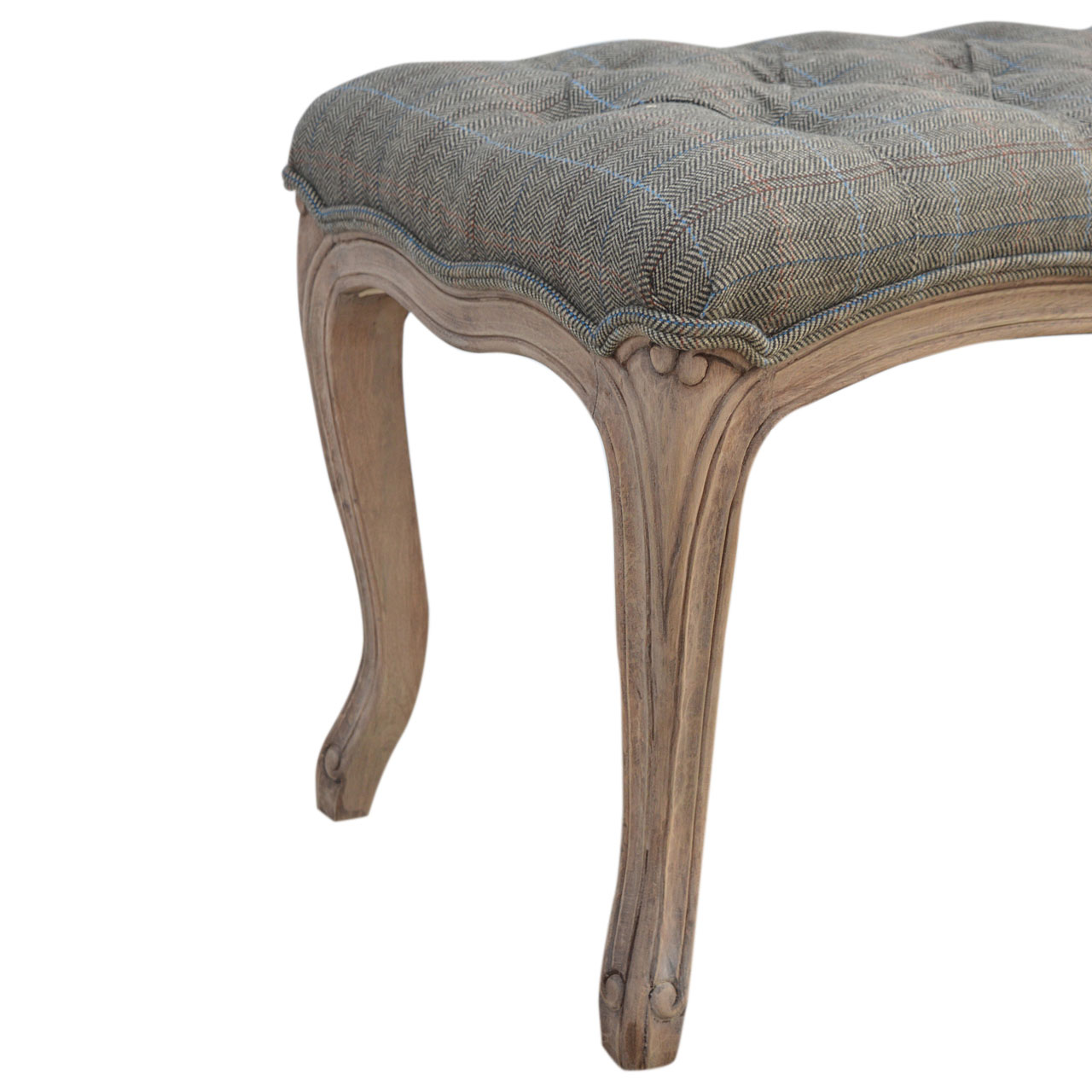 Solid Mango Wood Bleached Finished Multi Tweed Upholstered Carved Bedroom Bench - Image 5