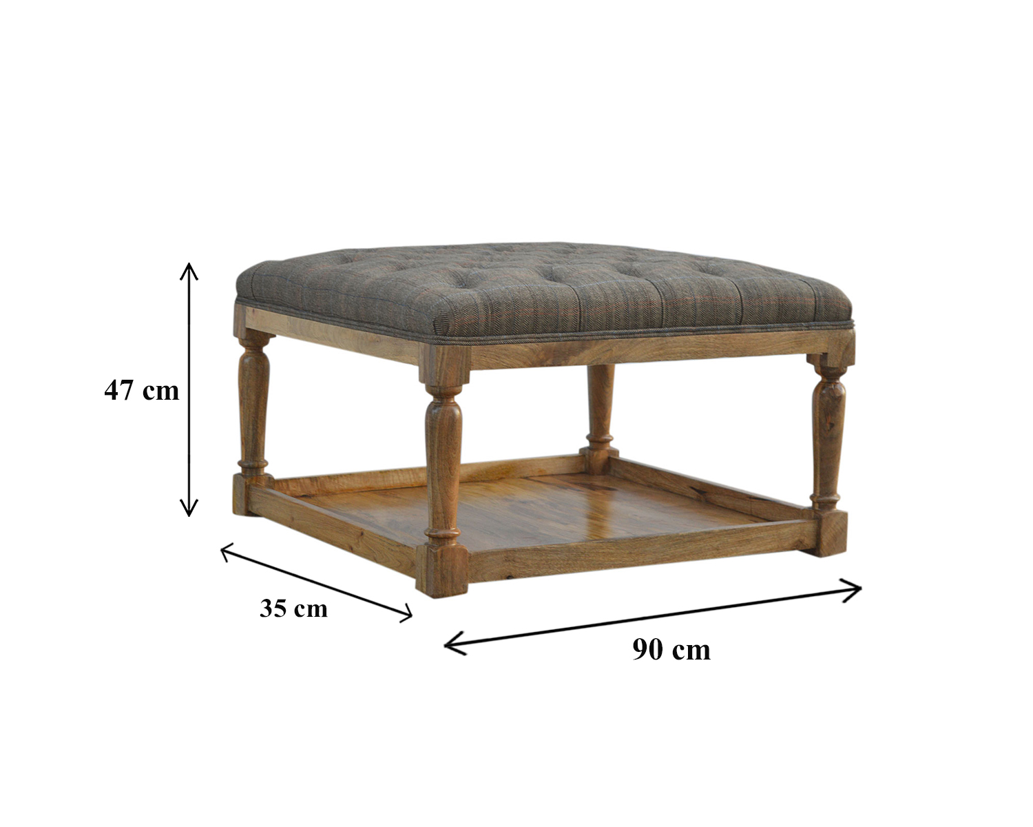 Solid Mango Wood Oak Finished Multi Coloured Tweed Stool with Shelf - Image 6