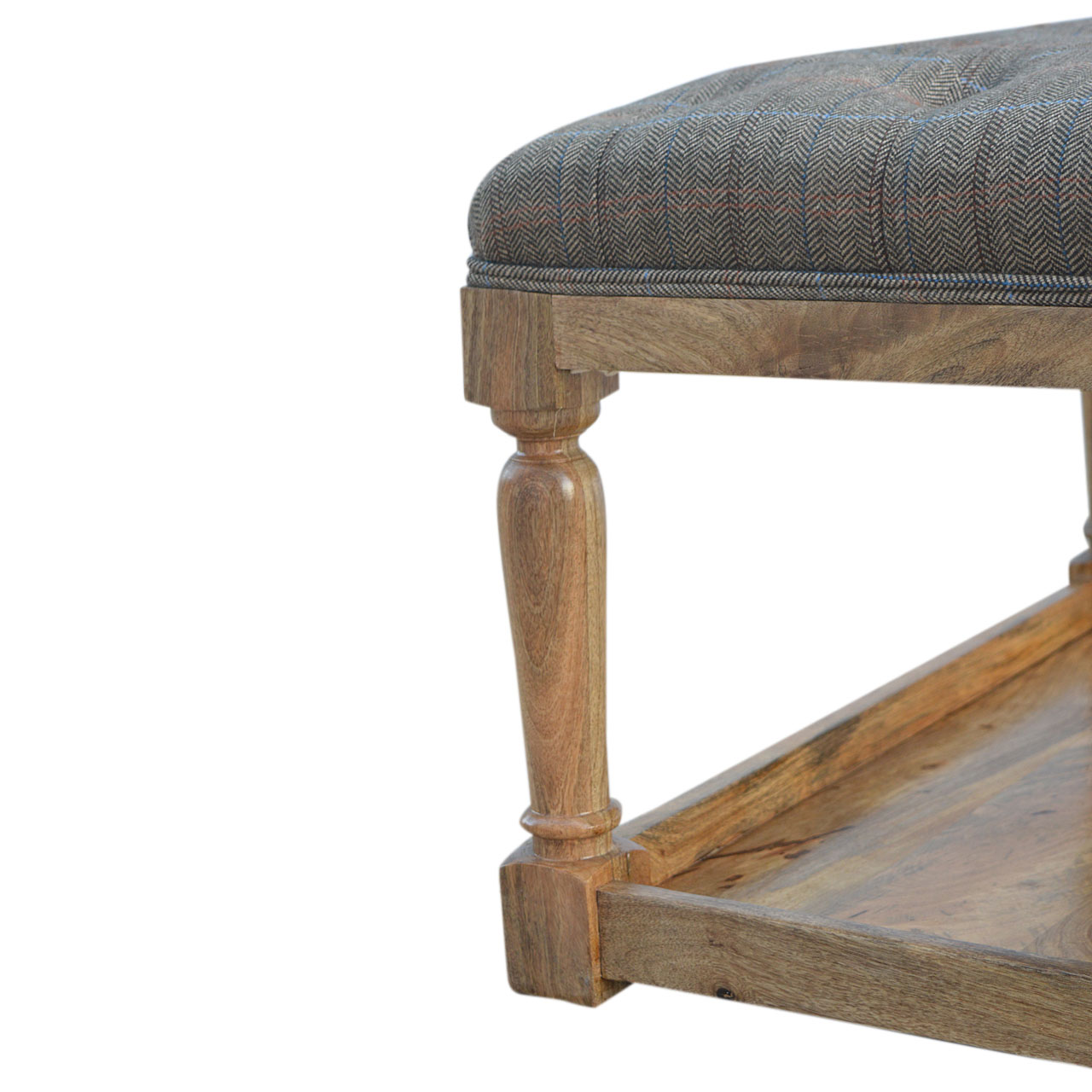 Solid Mango Wood Oak Finished Multi Coloured Tweed Stool with Shelf - Image 2