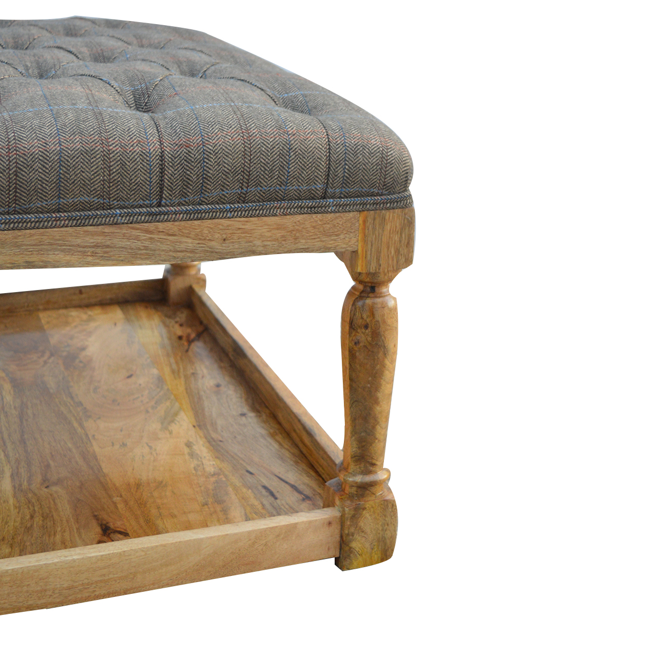 Solid Mango Wood Oak Finished Multi Coloured Tweed Stool with Shelf - Image 3