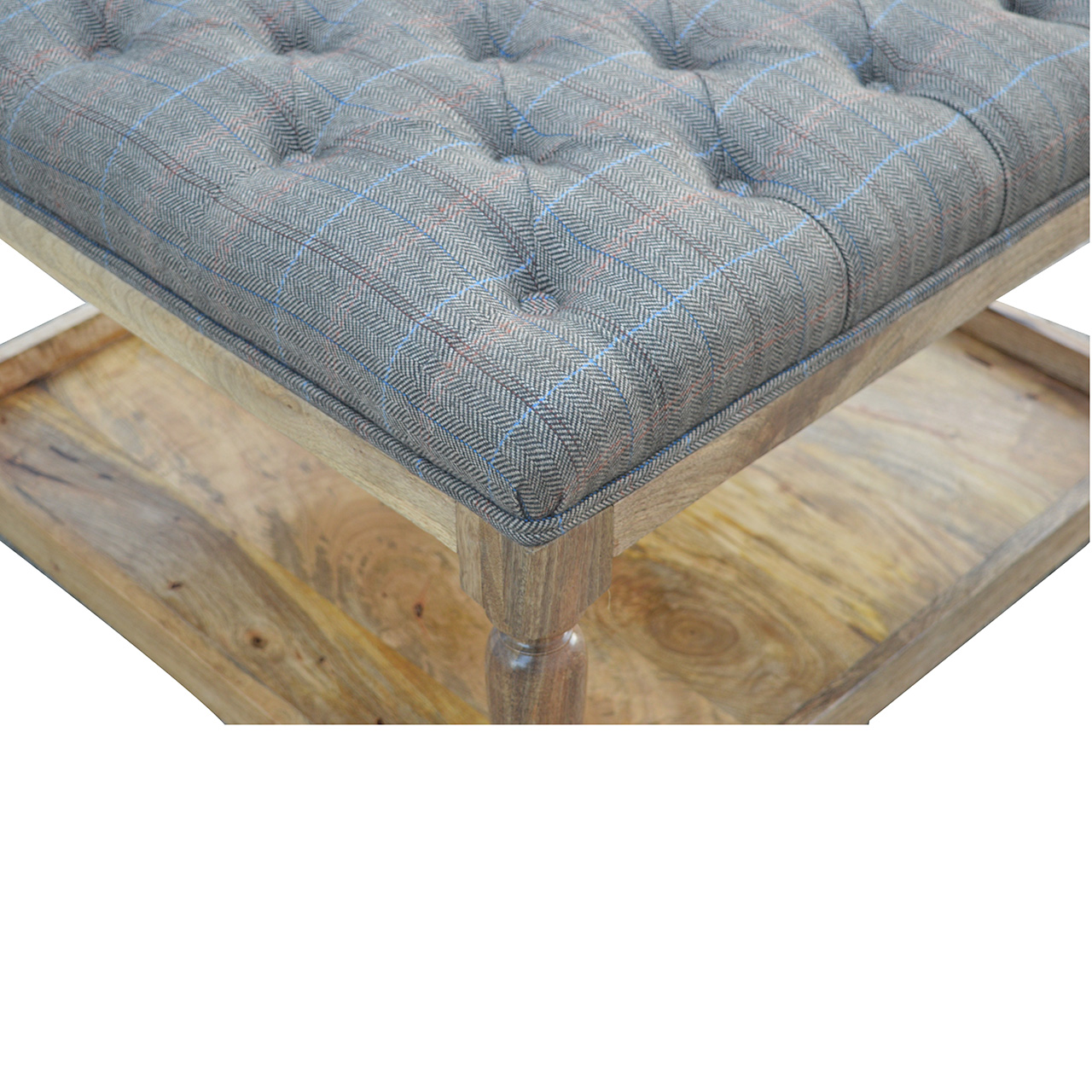 Solid Mango Wood Oak Finished Multi Coloured Tweed Stool with Shelf - Image 4