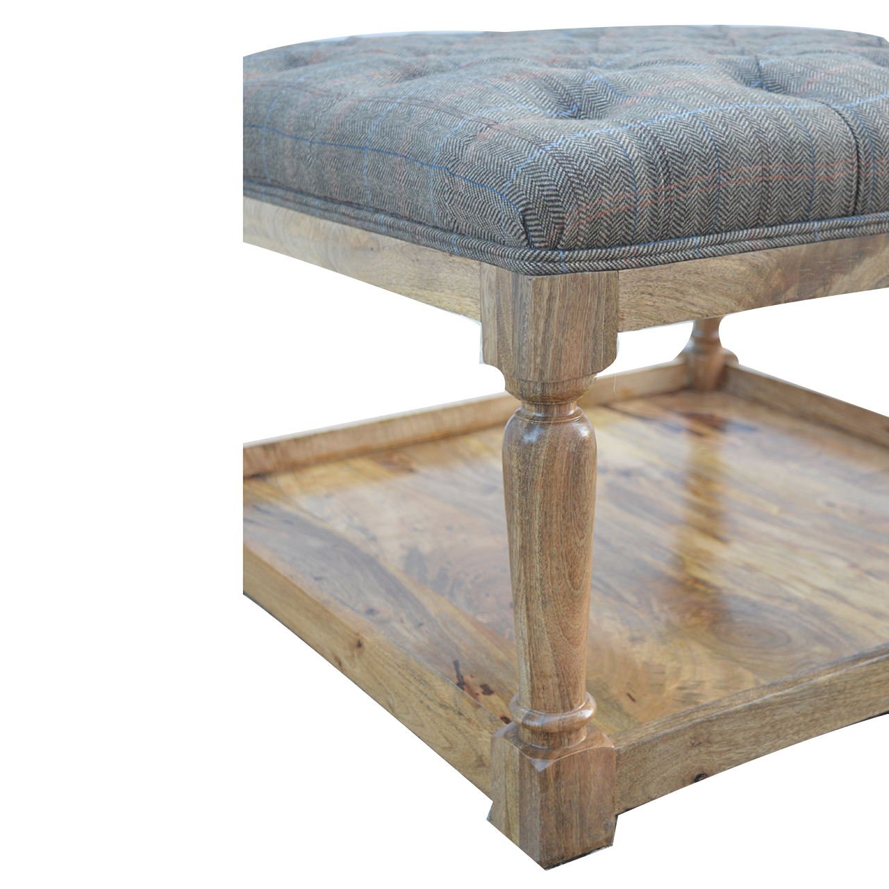 Solid Mango Wood Oak Finished Multi Coloured Tweed Stool with Shelf - Image 5