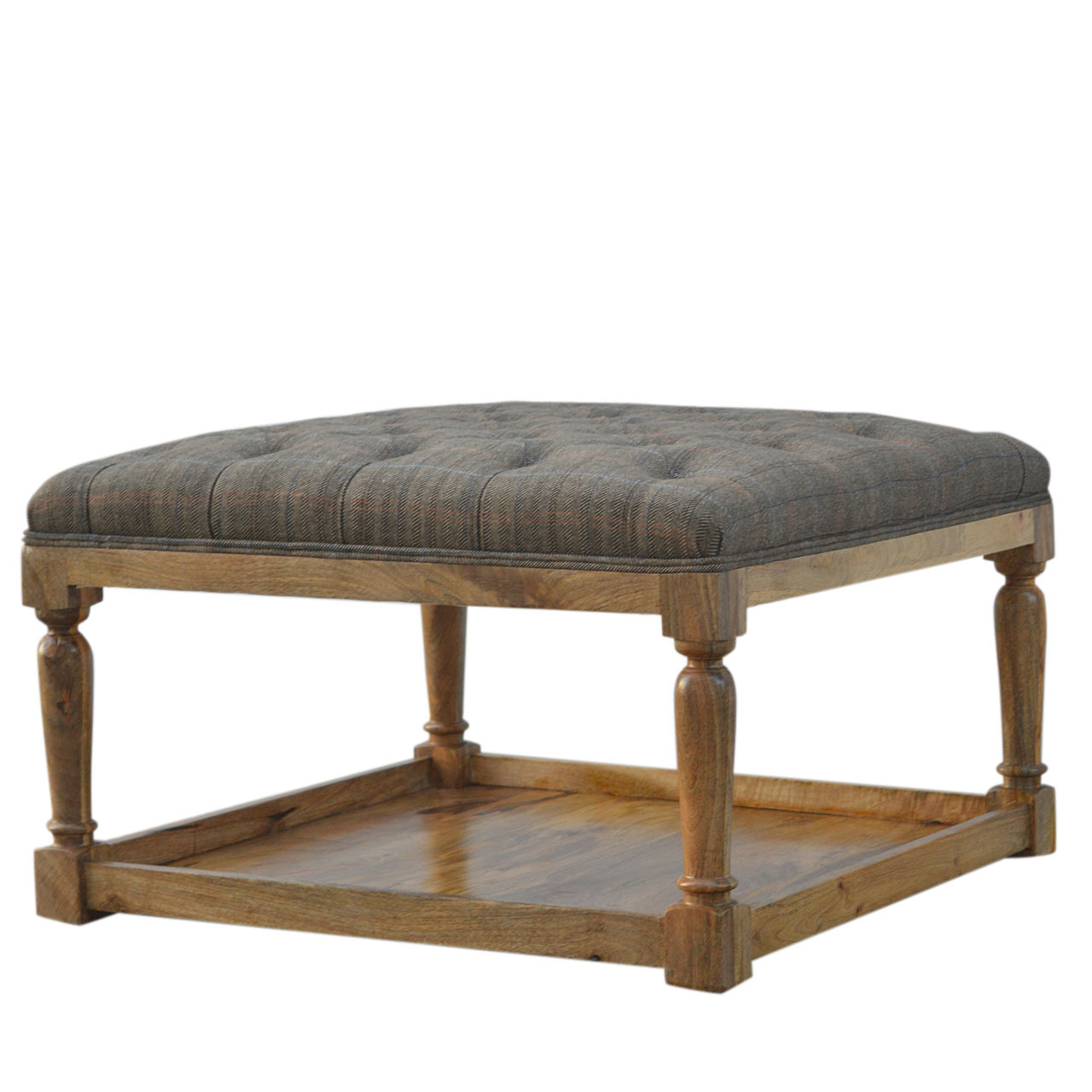 Solid Mango Wood Oak Finished Multi Coloured Tweed Stool with Shelf - Image 7