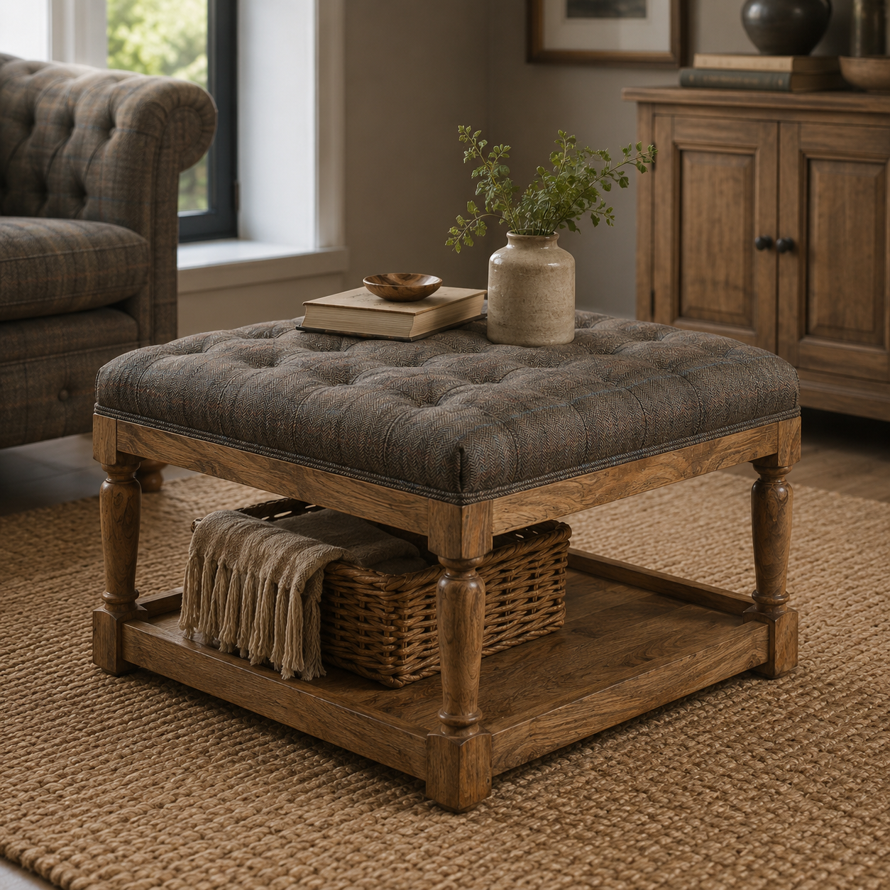 Solid Mango Wood Oak Finished Multi Coloured Tweed Stool with Shelf
