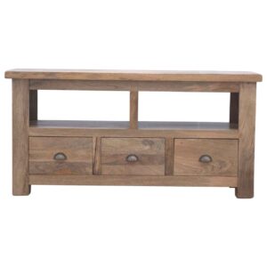 Solid Mango Wood Oak Finished Open Slot 3 Drawer Media Unit
