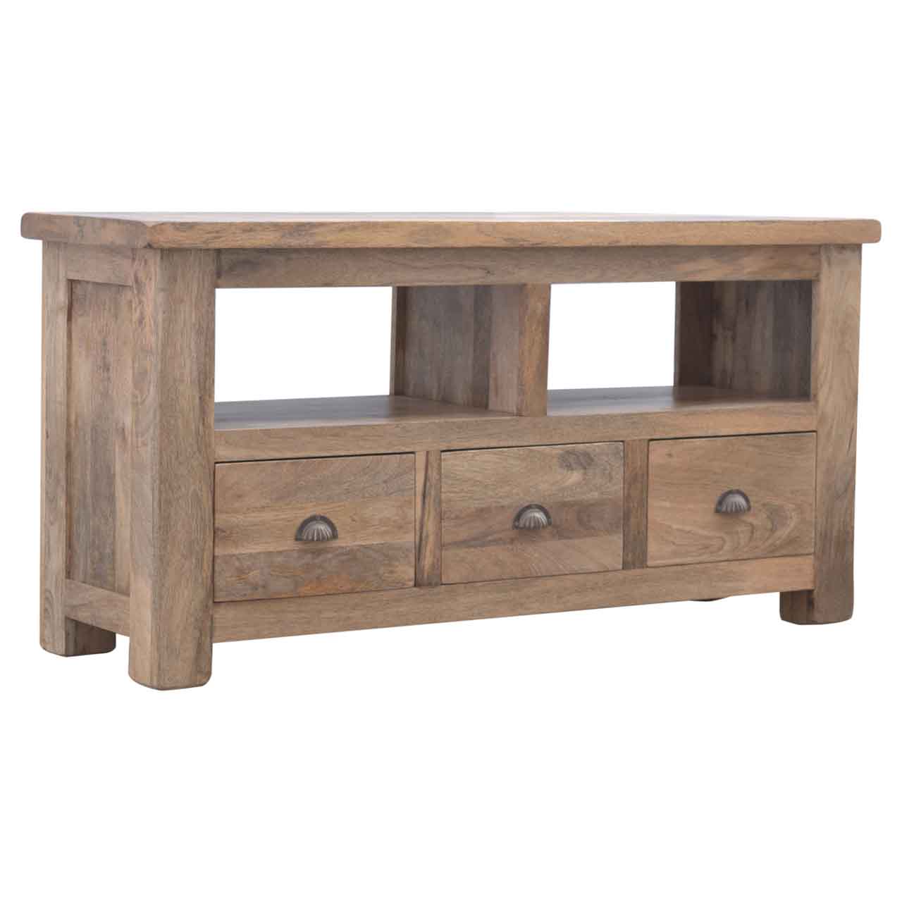 Solid Mango Wood Oak Finished Open Slot 3 Drawer Media Unit - Image 10