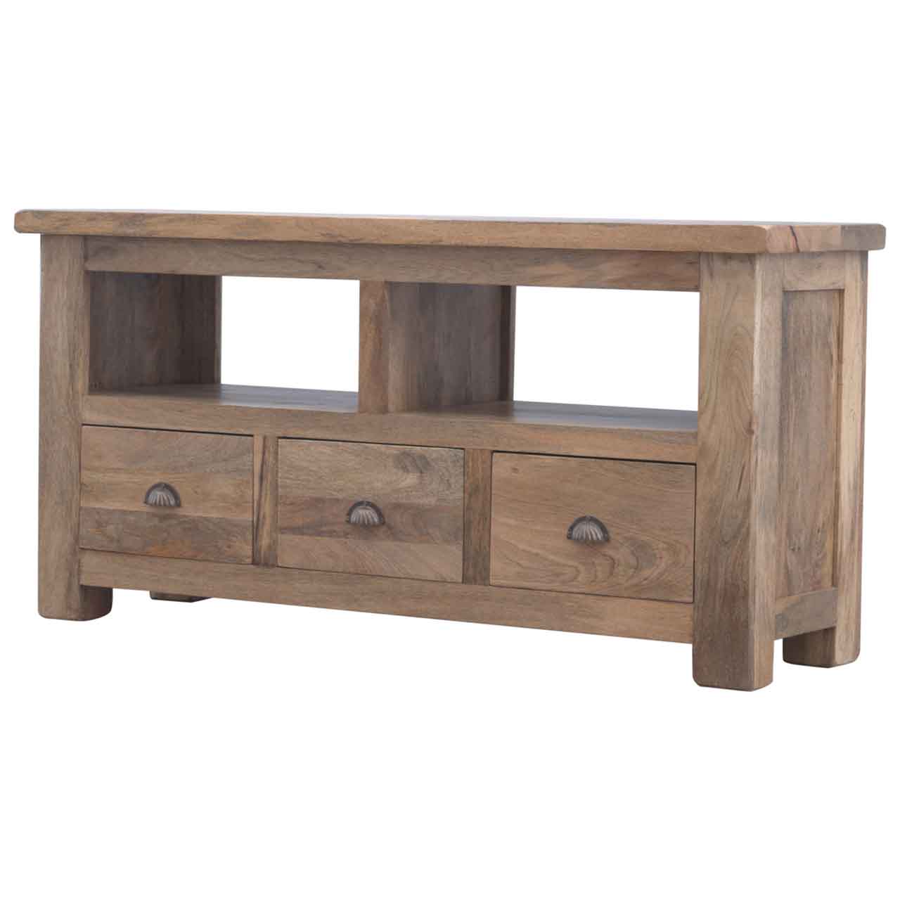Solid Mango Wood Oak Finished Open Slot 3 Drawer Media Unit - Image 9