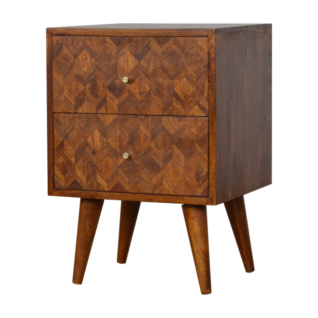 Solid Mango Wood Chestnut Finished 2 Drawer Herringbone Pattern Bedside - Image 2