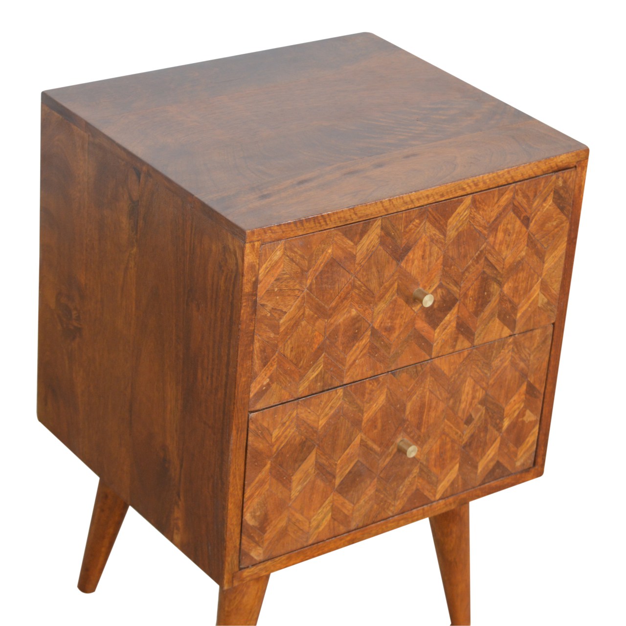 Solid Mango Wood Chestnut Finished 2 Drawer Herringbone Pattern Bedside - Image 3