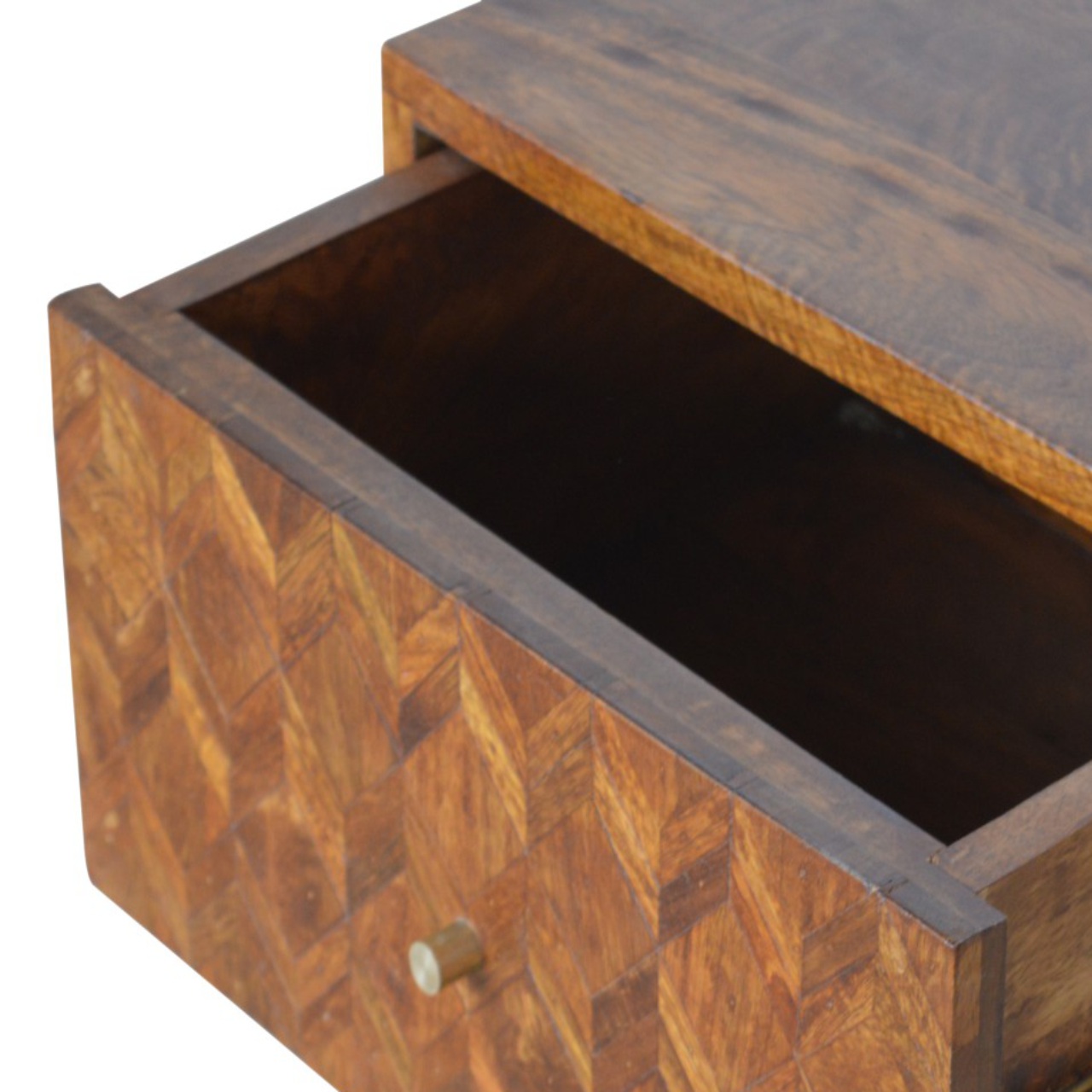 Solid Mango Wood Chestnut Finished 2 Drawer Herringbone Pattern Bedside - Image 6