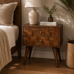 Solid Mango Wood Various Chestnut Finished 2 Drawer Bedside