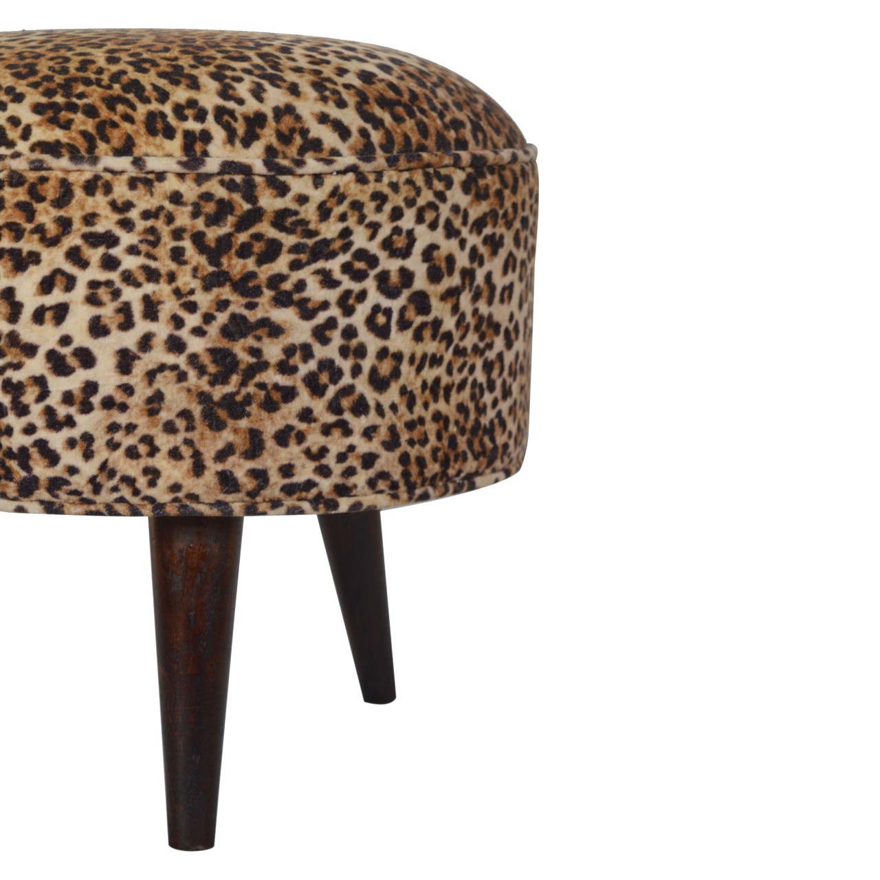 Solid Walnut Finished Cotton Velvet Leopard Print Footstool - Image 4