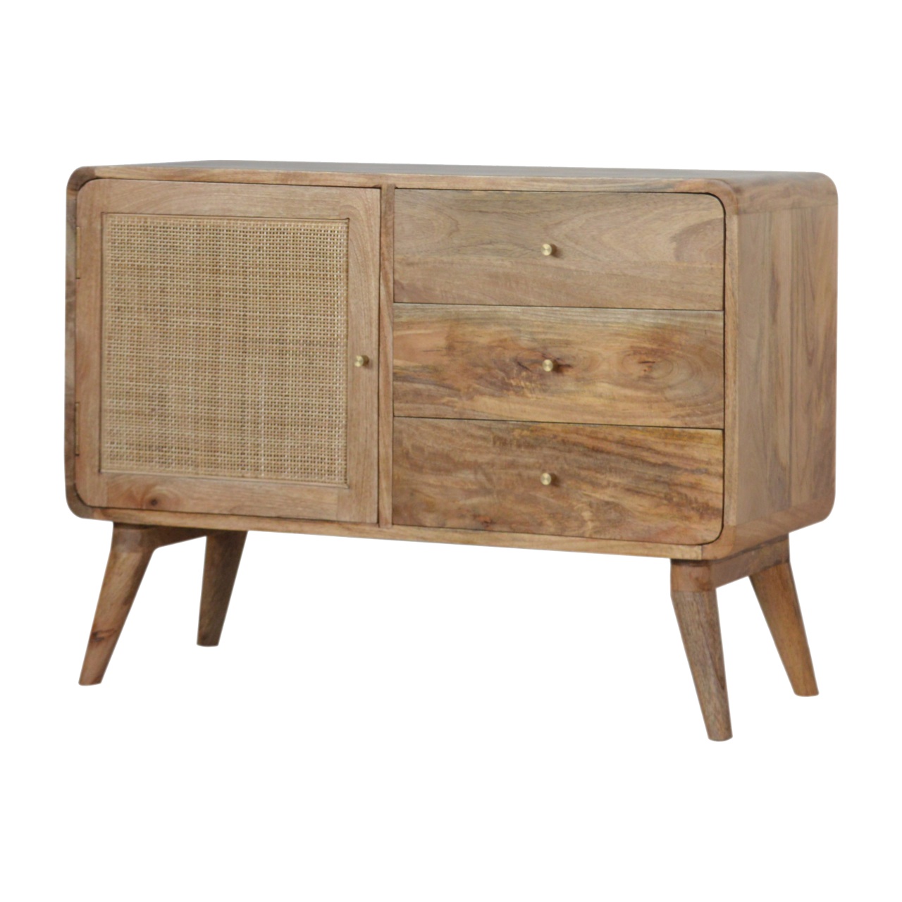 Solid Mango Wood Oak Finished 3 Drawer 1 Woven Front Door Sideboard - Image 2