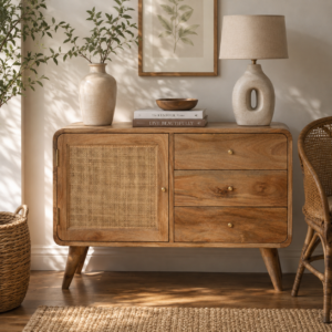 Solid Mango Wood Oak Finished 3 Drawer 1 Woven Front Door Sideboard