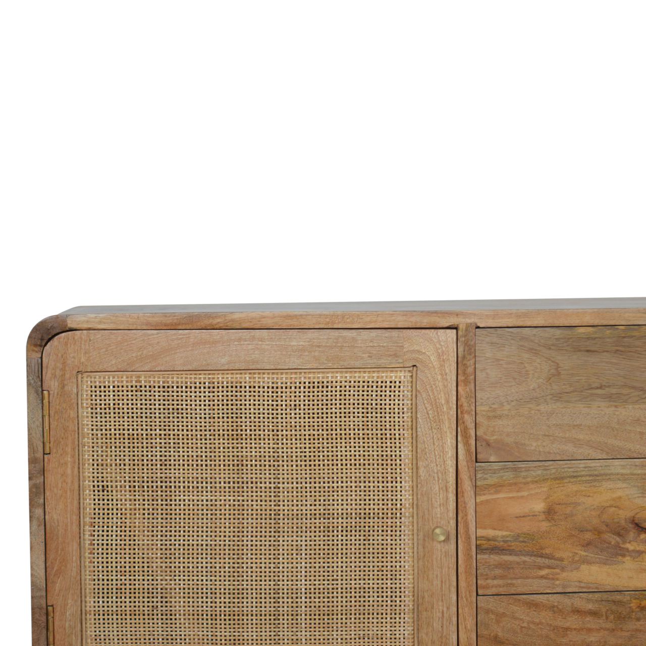 Solid Mango Wood Oak Finished 3 Drawer 1 Woven Front Door Sideboard - Image 3