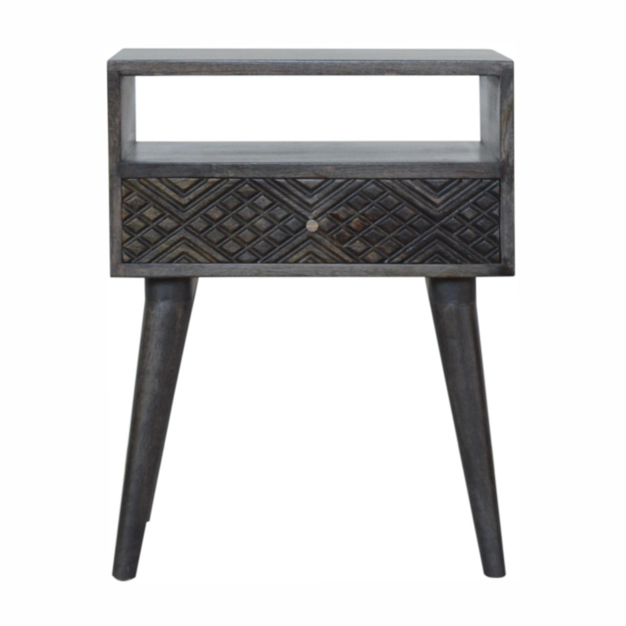 Solid Mango Wood Ash Black Finished 1 Drawer Carved Bedside