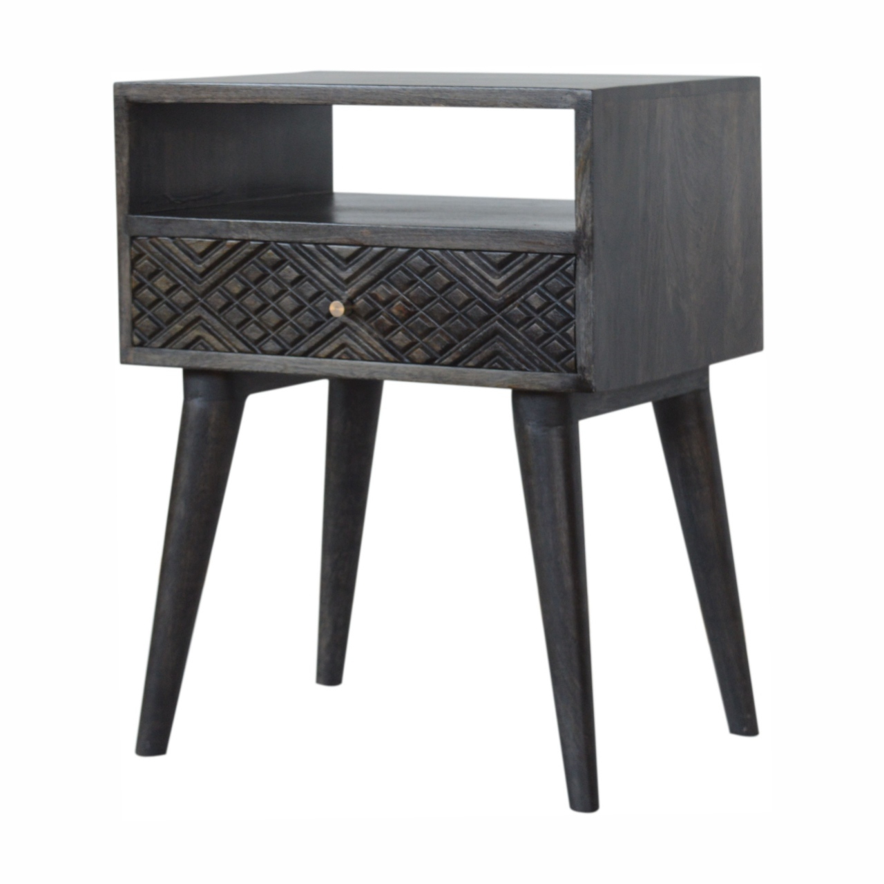 Solid Mango Wood Ash Black Finished 1 Drawer Carved Bedside - Image 2