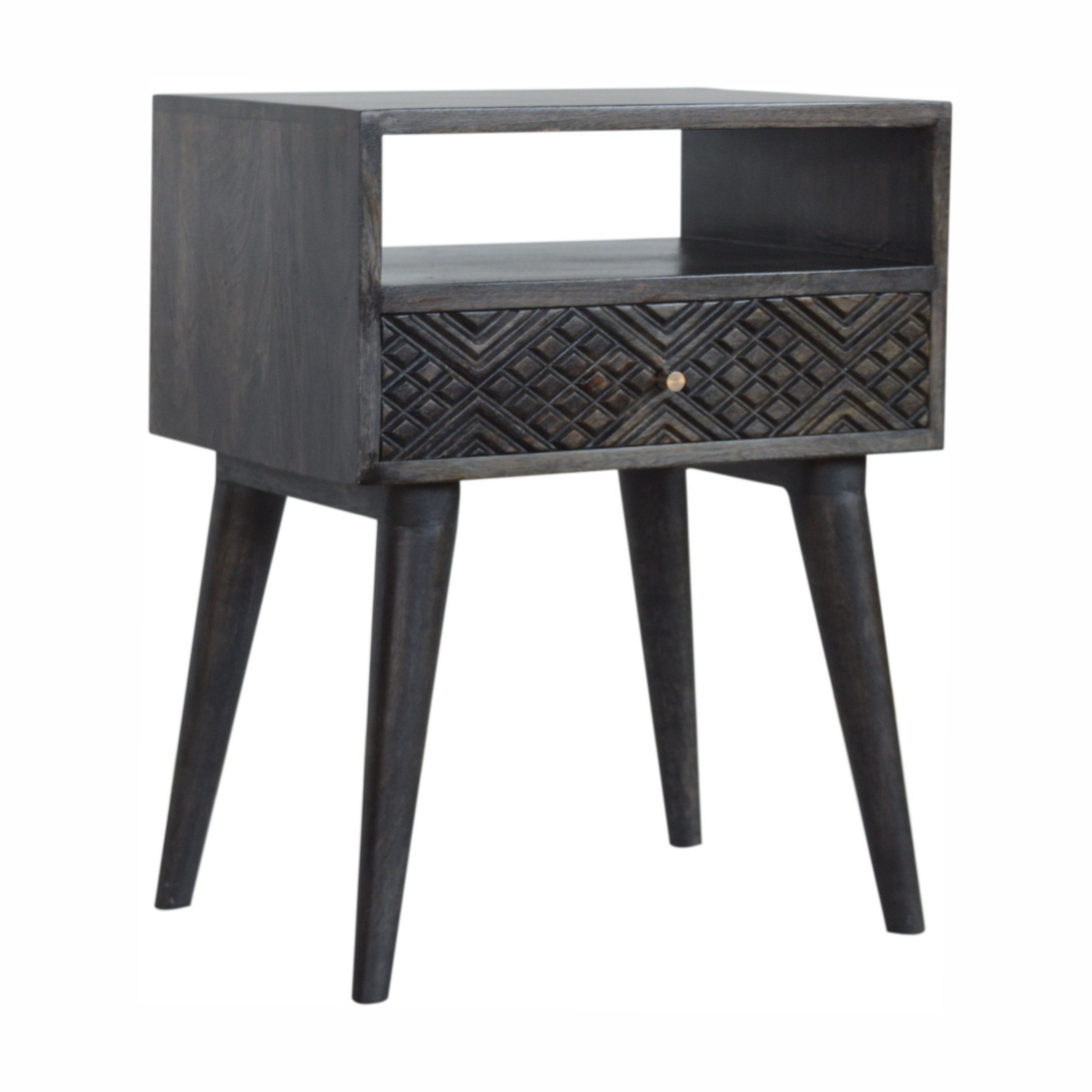 Solid Mango Wood Ash Black Finished 1 Drawer Carved Bedside - Image 3