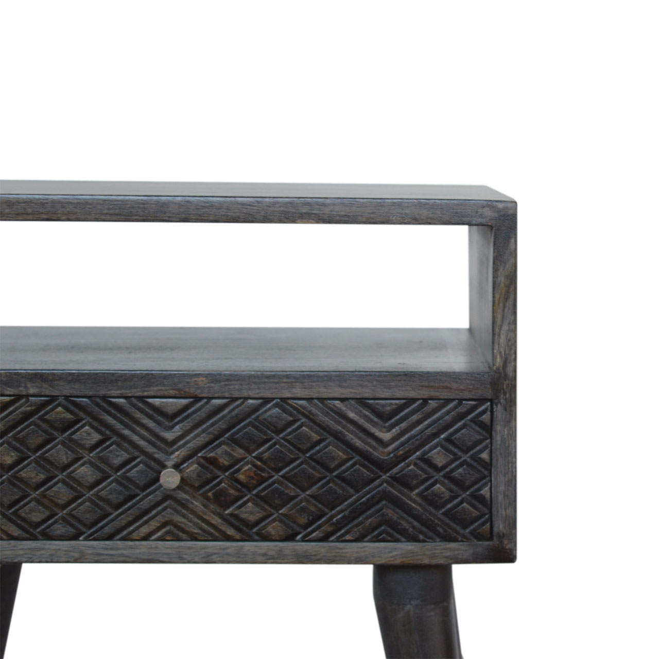 Solid Mango Wood Ash Black Finished 1 Drawer Carved Bedside - Image 4