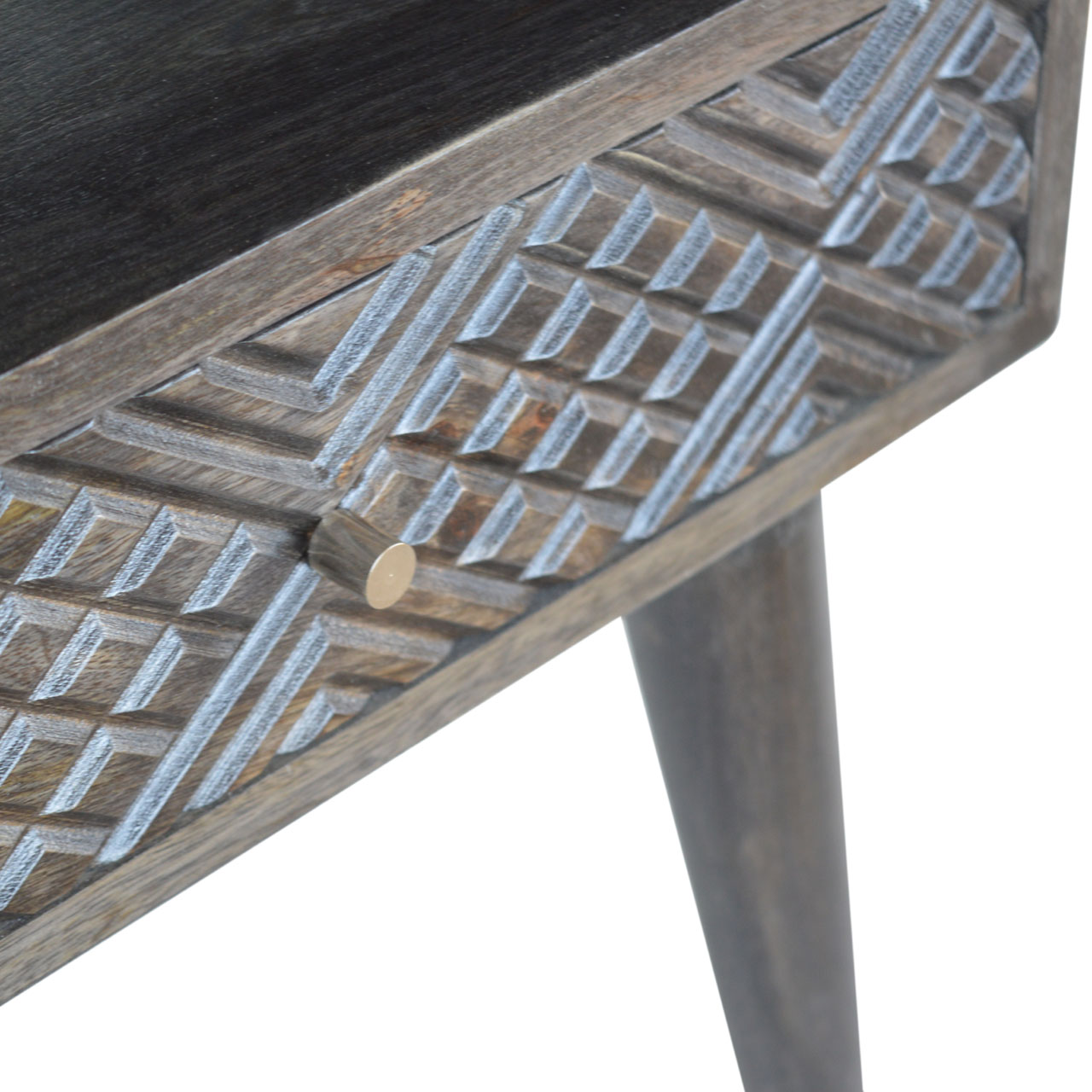 Solid Mango Wood Ash Black Finished 1 Drawer Carved Bedside - Image 5